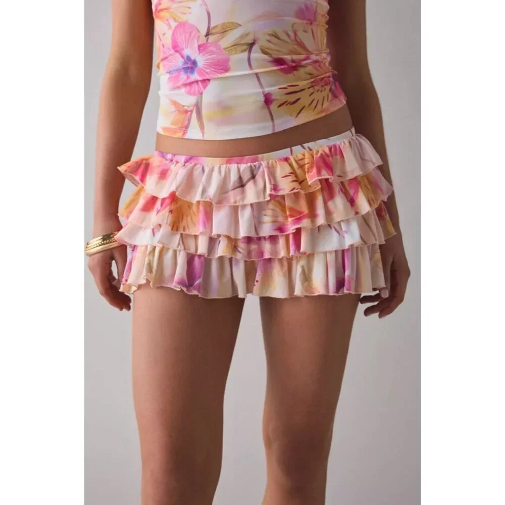 Out From Under Skirt Womens L Pink Floral Ruffle Tiered Mini Urban Outfitters